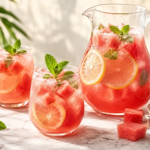 Limonadă de pepene roșu și lămâie, servită cu gheață și mentă