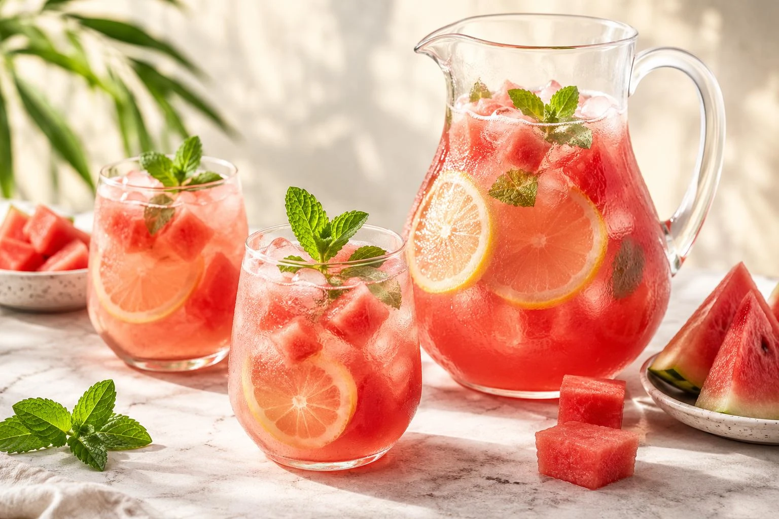 Limonadă de pepene roșu și lămâie, servită cu gheață și mentă