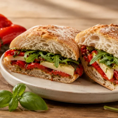 Sandviș cu ardei copt, Manchego și ulei esențial de Busuioc