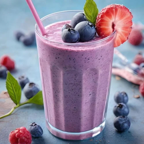 Smoothie cu fructe de pădure și lămâie, decorat cu căpșuni și afine