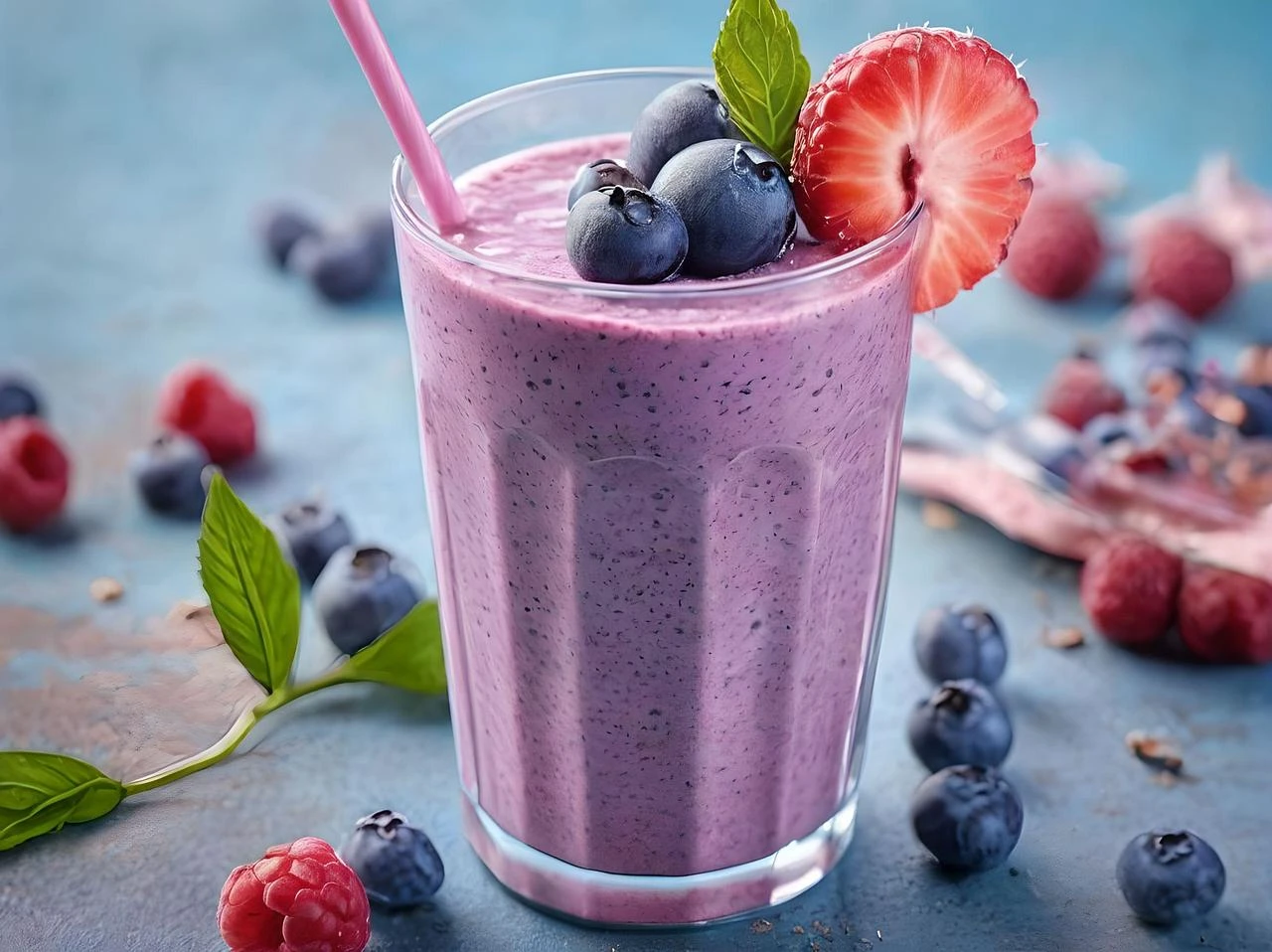 Smoothie cu fructe de pădure și lămâie, decorat cu căpșuni și afine